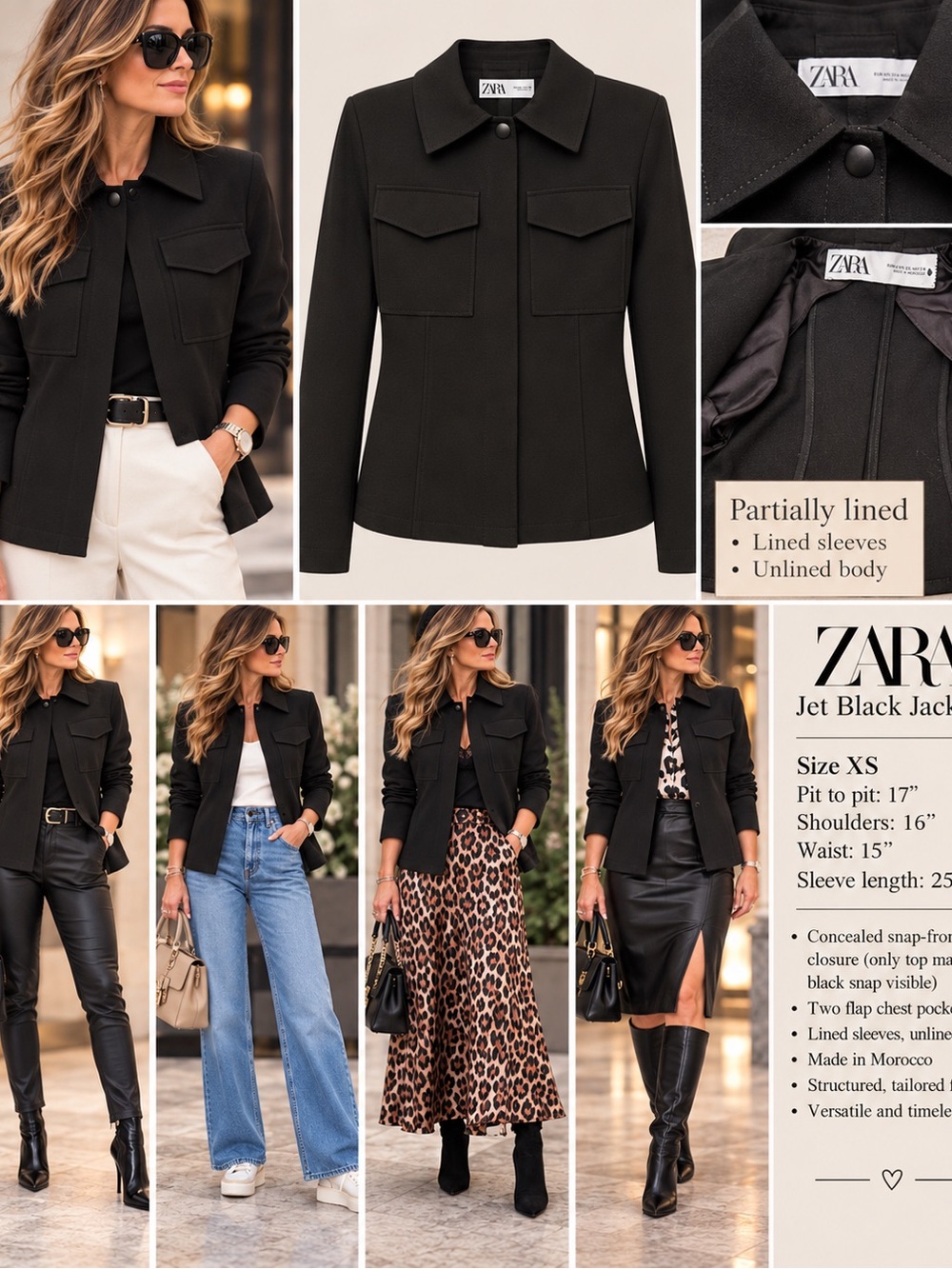 ZARA Black “SHOULDER PAD JACKET” Tailored - Breast Pockets XS limited editition